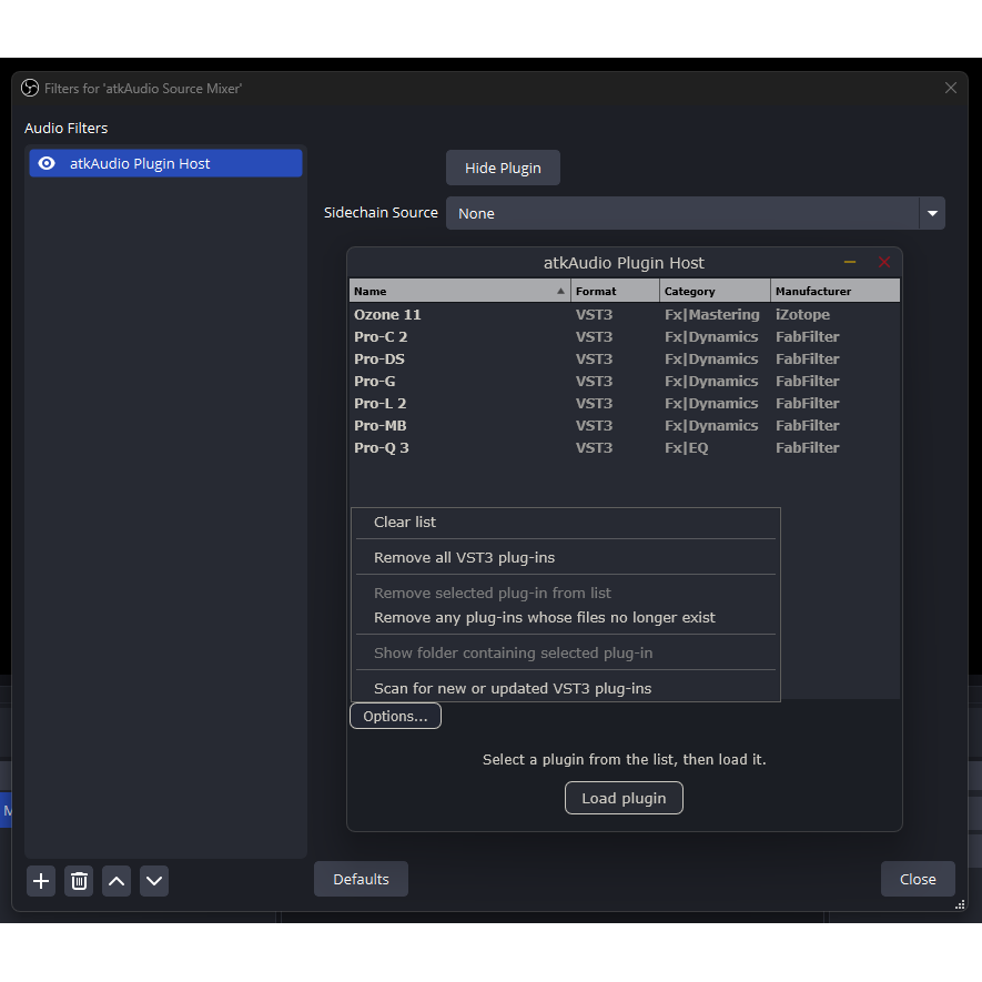 atkAudio Plugin Host showing the Options scan command and Load plugin button